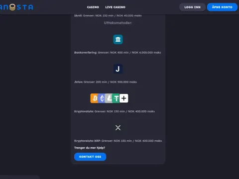 Uttaksdelen av betalingssiden hos Panosta Casino, med ikoner for bankoverføring, Jeton, kryptovaluta og XRP og en blå knapp for kontakt.