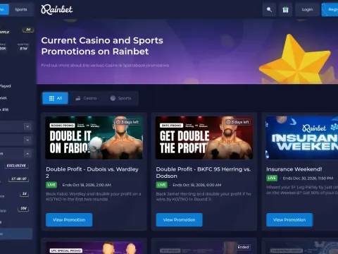 Kampanjesiden hos Rainbet Casino med lilla banner, gul stjerne og kort for boksing- og forsikringskampanjer.