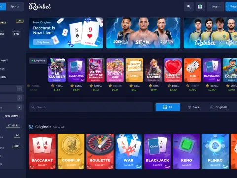 Spillobbyen hos Rainbet Casino med baccarat-banner, rad med siste gevinster og fliser for Originals som Plinko og Dice.