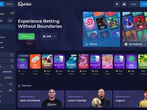 Forsiden til Rainbet Casino med mørk bakgrunn, kort for casino og sportsbook, siste gevinster og partnere fra UFC.