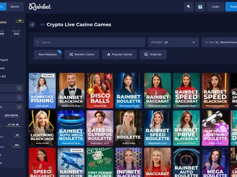 Live casino hos Rainbet Casino med søkefelt, filtre og fliser for blackjack, roulette og baccarat fra Evolution og Pragmatic Play.