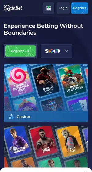 Forsiden til Rainbet Casino på mobil med grønn registreringsknapp, casino- og sportskort og en Google-innloggingsboks nederst.