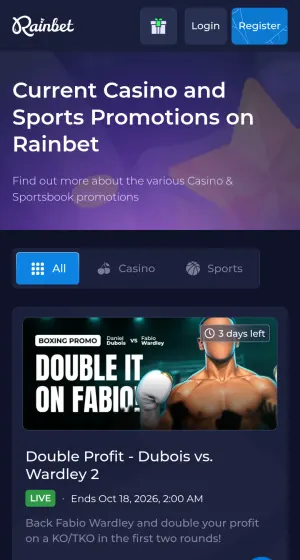 Kampanjesiden hos Rainbet Casino på mobil med lilla banner, fanene Alle, Casino og Sport og et boksekampanjekort.