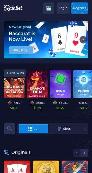 Spillsiden hos Rainbet Casino på mobil med baccarat-banner, siste gevinster og Originals-fliser for baccarat, coinflip og roulette.