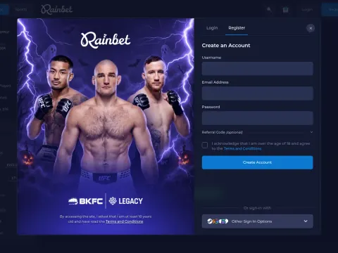Registreringsskjemaet hos Rainbet Casino med felt for brukernavn, e-post og passord ved siden av tre UFC-kjempere i lilla lyn.