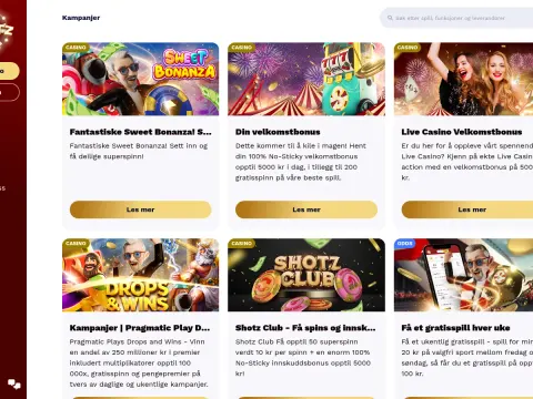 Kampanjesiden hos Shotz Casino med seks tilbudskort, blant dem Sweet Bonanza, velkomstbonus, live casino og Drops and Wins.