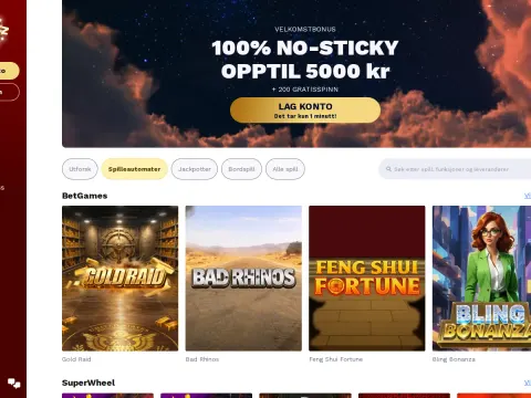 Spillobbyen hos Shotz Casino på desktop, med velkomstbanner over skyer, fanen Spilleautomater valgt og spillfliser som Gold Raid, Bad Rhinos og.