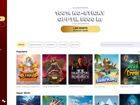 Forsiden hos Shotz Casino med velkomstbonus-banner, rød sidemeny og populære spill som Gates of Olympus og Immortal Romance II.