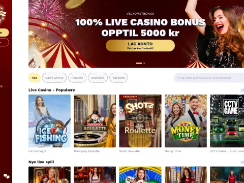 Live casino-siden hos Shotz Casino med rødt banner med fyrverkeri og spill som Ice Fishing X, Monopoly Roulette og Money Time.