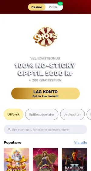 Mobilforsiden hos Shotz Casino med logo, velkomstbonus, gul knapp for å lage konto og populære spill nederst.