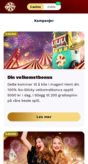 Kampanjer hos Shotz Casino på mobil, med kort for velkomstbonus med spilleautomat og fyrverkeri, og for live casino med to feirende kvinner.