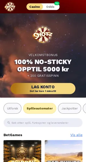 Spilleautomater hos Shotz Casino på mobil, med logo og velkomstbanner øverst, fanen Spilleautomater valgt og flisene Gold Raid og Bad Rhinos under.