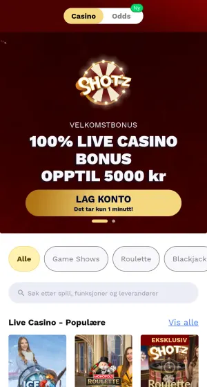Live casino på mobil hos Shotz Casino med rødt banner, kategoriknapper og spillfliser som Ice Fishing og Shotz Roulette.