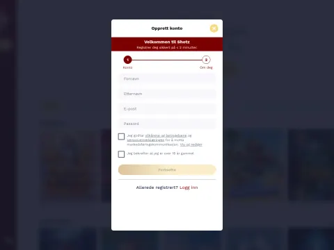 Registreringsskjemaet hos Shotz Casino med felt for fornavn, etternavn, e-post og passord og to avkrysningsbokser.