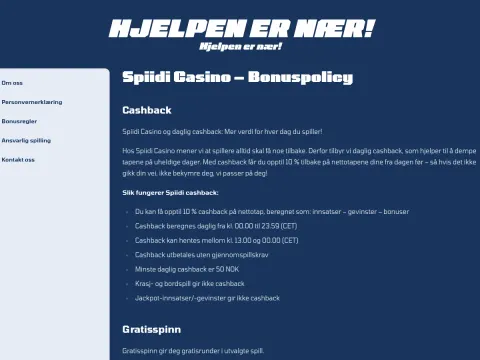 Bonuspolicy-siden hos Spiidi Casino med lys sidemeny til venstre og avsnitt om cashback og gratisspinn på mørkeblå bakgrunn.