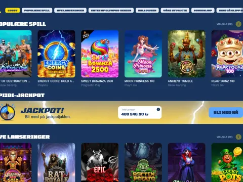 Spillobbyen hos Spiidi Casino med populære spill som Energy Coins, Sweet Bonanza, Moon Princess og Reactoonz, samt et gult jackpotbanner.