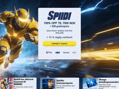 Forsiden hos Spiidi Casino med en gul robotfigur i fart, en lys velkomstboks, gul knapp for å opprette konto og logoer for GPay og Revolut.