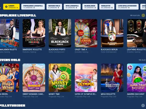 Live casino hos Spiidi Casino med rader av livebord som Immersive Roulette, Blackjack Porto, Crazy Time, Mega Wheel og Money Time med dealere.