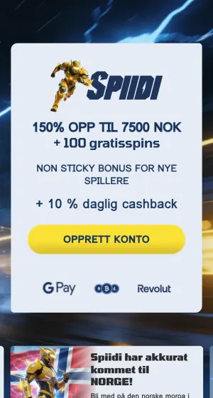 Forsiden hos Spiidi Casino på mobil med gul robotfigur, logo, velkomsttilbud, gul knapp for å opprette konto og betalingslogoer nederst.