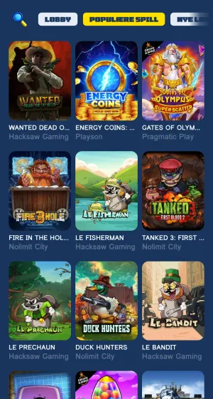 Spillsiden hos Spiidi Casino på mobil med spillfliser i tre kolonner, blant annet Wanted Dead or a Wild, Energy Coins, Le Fisherman og Le Bandit.