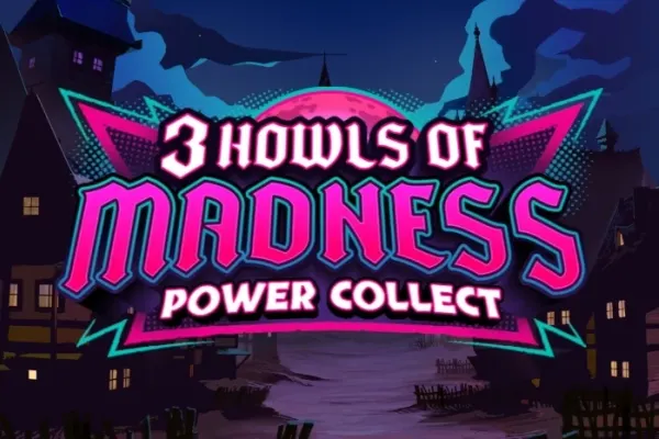 Rosa tittel foran en blodrød måne over en mørk landsby med spisse tårn på omslaget til 3 Howls of Madness Power Collect (Play'n GO).
