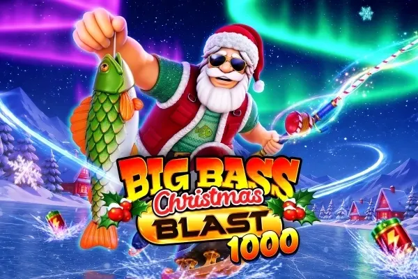 Fisker i nissedrakt og solbriller holder en stor grønn fisk under nordlys over et snødekt landskap, i Big Bass Christmas Blast 1000 (Pragmatic Play).