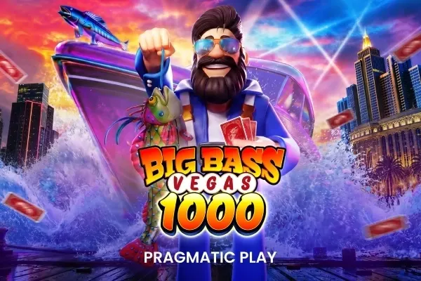 En fisker med solbriller holder en fisk og spillkort foran en båt, bølger og neonopplyste skyskrapere i Big Bass Vegas 1000 (Pragmatic Play).