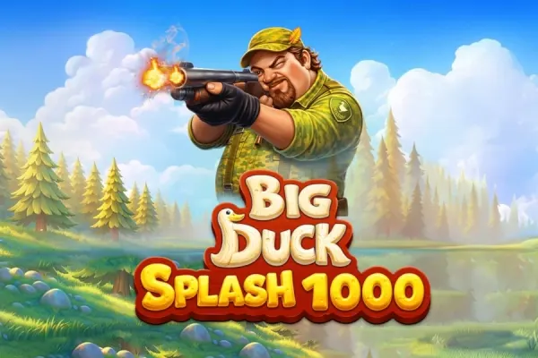 Jeger i kamuflasje sikter med hagle ved skog og myr under blå himmel på coveret til Big Duck Splash 1000 (Pragmatic Play).