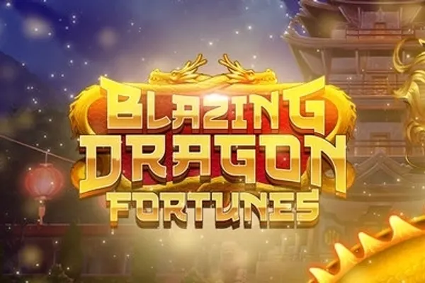 En gyllen tittel med drager svever foran et pagodetak og røde lanterner i kveldslys i Blazing Dragon Fortunes (Play'n GO).