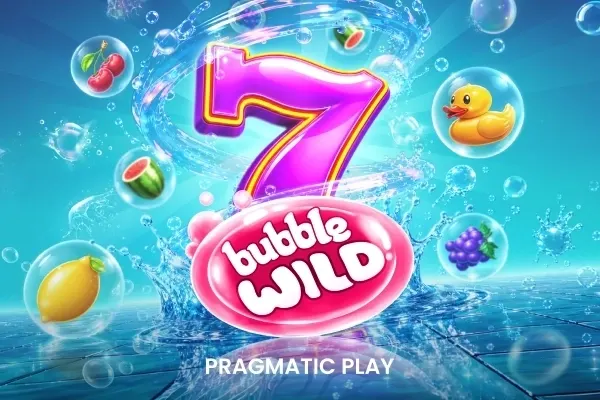 Et lilla sjutall omgitt av vann og bobler med kirsebær, melon, sitron, druer og en badeand i Bubble Wild (Pragmatic Play).