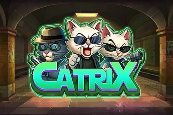 Tre katter i solbriller og mørke klær står i en undergang med grønt lys i Catrix (Pragmatic Play).