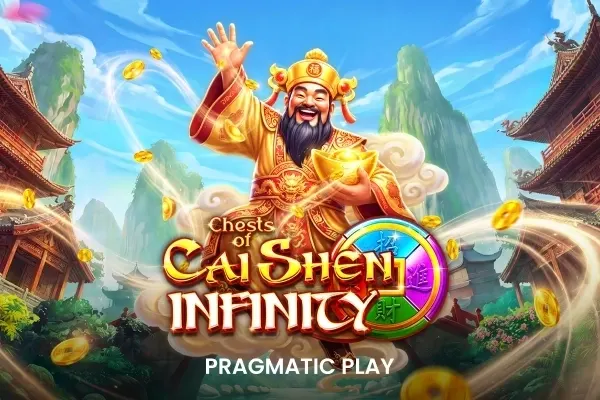 En smilende, skjegget mann i gyllen drakt kaster mynter mellom fjell og pagoder i Chests of Cai Shen - Infinity (Pragmatic Play).