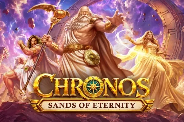 Hvitskjegget gud med ljå og gyllent ur mellom en kriger og en kvinne i gull foran et stort urskive, i Chronos - Sands of Eternity (Pragmatic Play).