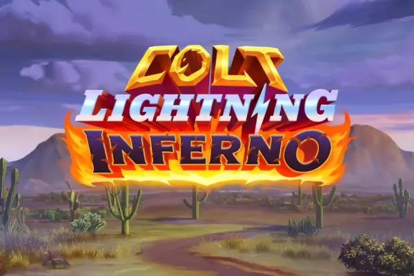 Logoen til Colt Lightning Inferno (Play'n GO) i gull og flammer svever over en ørkenvei med kaktuser under en mørk, skyet himmel.