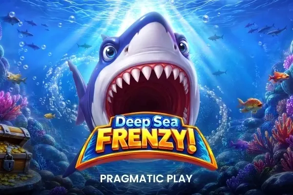 Hai med åpen munn og skarpe tenner mot et korallrev og en skattekiste, med tittelen Deep Sea Frenzy (Pragmatic Play).