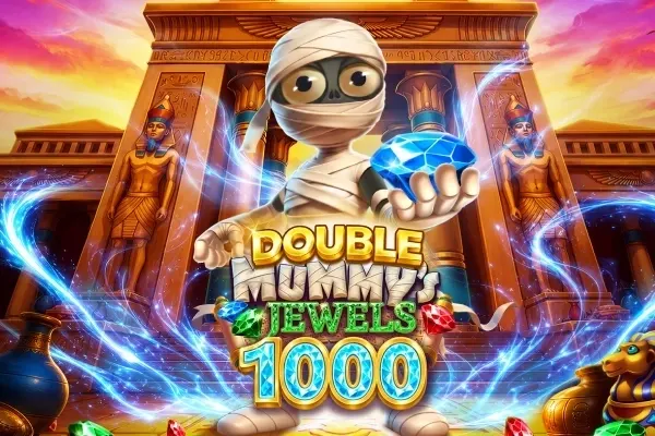 Tegnefilmaktig mumie holder en blå edelsten foran et egyptisk tempel med gylne statuer og blå lysstriper, i Double Mummy's Jewels 1000 (Pragmatic.