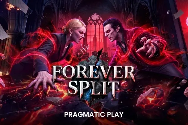 En kvinne og en mannlig vampyr hveser mot hverandre over et sprukket gulv i en mørk katedral i Forever Split (Pragmatic Play).