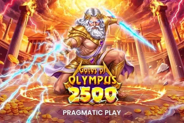 Zevs med hvitt skjegg og gullrustning kaster lyn mellom greske søyler og gullmynter i Gates of Olympus 2500 (Pragmatic Play).