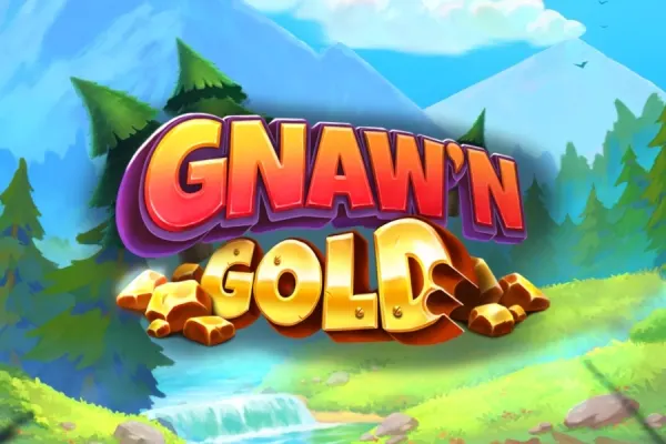 Rød og gul logo for Gnaw'n Gold (Play'n GO) med gullklumper foran granskog, fjell og en liten foss i dagslys.