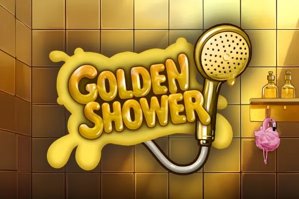 Et gyllent dusjhode på en flisvegg med såpeflasker på en hylle og en rosa flamingo i Golden Shower (Nolimit City).