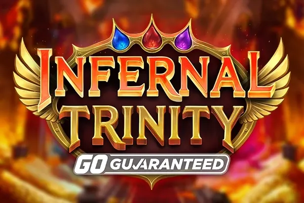 Logoen til Infernal Trinity GO Guaranteed (Play'n GO) i gull med vinger og tre edelstener i blått, rødt og lilla mot en flammende bakgrunn.