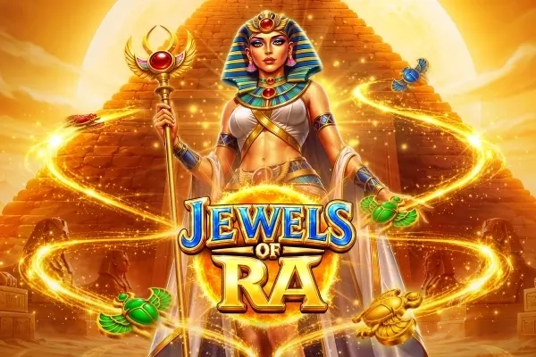 Egyptisk dronning med gyllen stav foran pyramider i solskinn, omgitt av skarabeer og lysende ringer, i Jewels of Ra (Pragmatic Play).