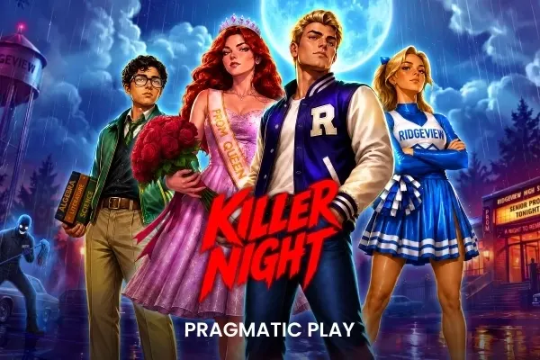Fire ungdommer i ballkjole, collegejakke og cheerleaderdrakt står i regnet under fullmånen i Killer Night (Pragmatic Play).
