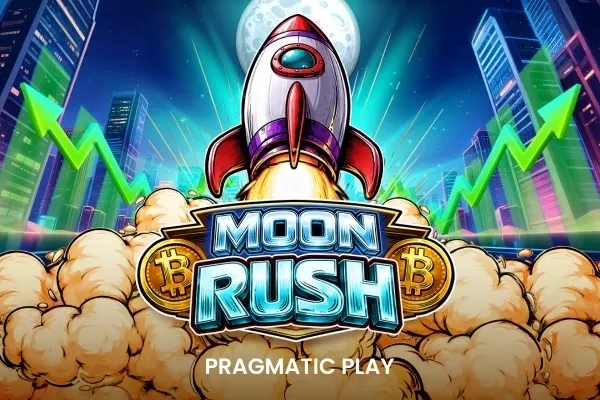 Rød og hvit rakett letter i røyk mellom skyskrapere, grønne piler og bitcoin-mynter rundt logoen til Moon Rush (Pragmatic Play).