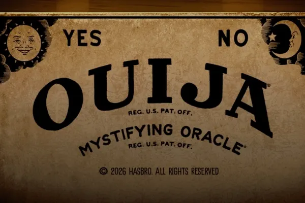 Gulnet åndebrett med sol, måne og ordene yes og no i svarte bokstaver på omslaget til Ouija (Red Tiger Gaming).