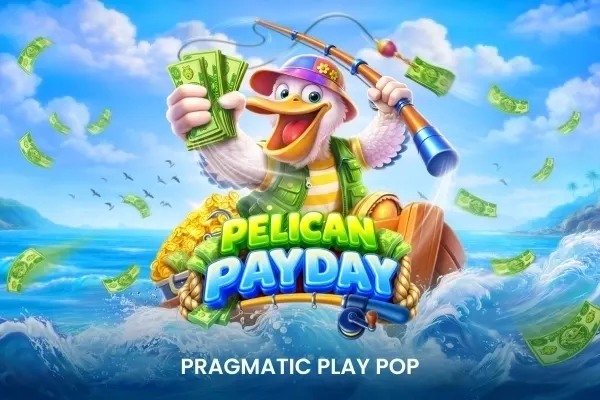 Pelican Payday (Pragmatic Play) viser en jublende pelikan med fiskestang og sedler i hånden på et hav der pengesedler flagrer i luften.