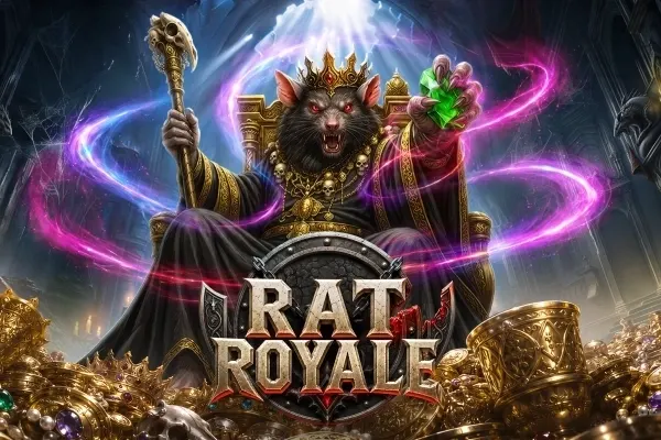 Kronet rotte med røde øyne på en trone, lilla magi og en grønn edelsten over gull på omslaget til Rat Royale (Pragmatic Play).