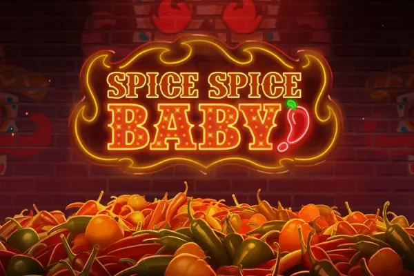 Neonskilt med logoen for Spice Spice Baby (Play'n GO) på en murvegg over en haug med røde, oransje og grønne chilier.