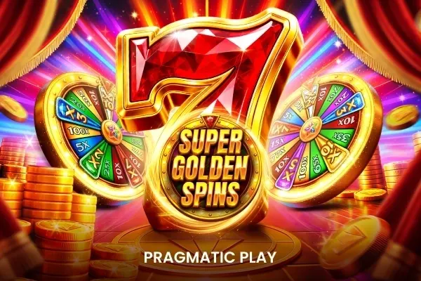 Rødt sjutall, to lykkehjul og hauger med gullmynter foran røde gardiner på omslaget til Super Golden Spins (Pragmatic Play).