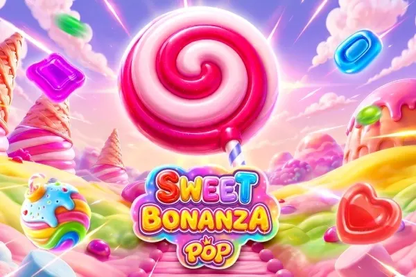 En stor rosa og hvit kjærlighet på pinne svever over et godterilandskap med gelé, iskrem og hjerter i Sweet Bonanza Pop (Pragmatic Play).
